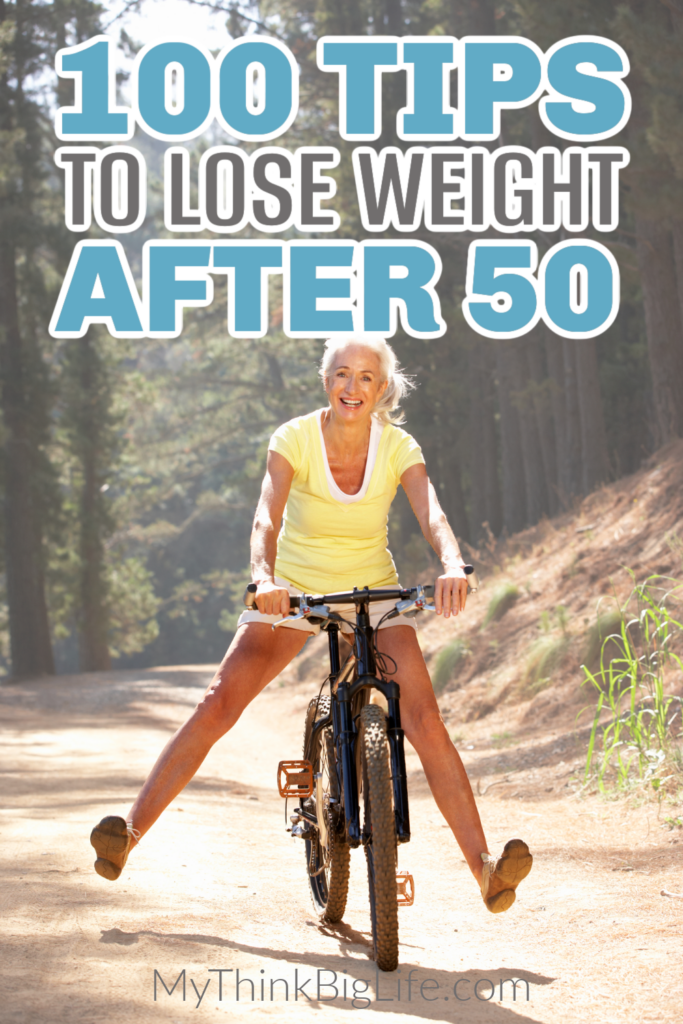 Picture of woman riding a bike with the words: 100 tips to lose weight after 50