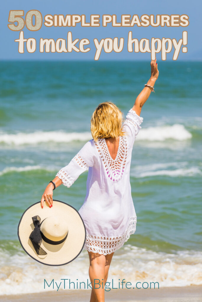 Picture of woman at the beach with the words: 50 simple pleasures to make you happy