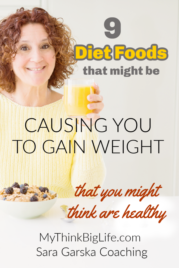 Picture of woman eating cereal and drinking orange juice, with the words: 9 diet foods they might be causing you to gain weight that you might think are healthy.