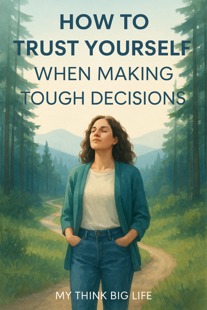 Picture of woman looking thoughtful with the words: How to trust yourself when making tough decisions