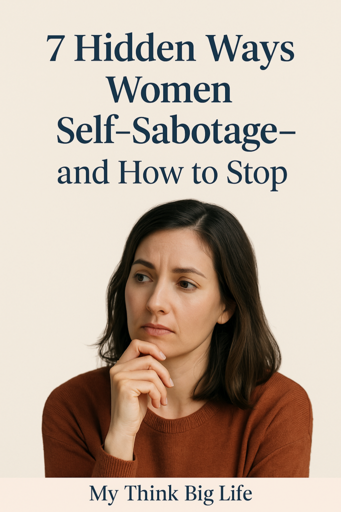 Picture of thoughtful woman with the words: 7 hidden ways women sabotage and how to stop
