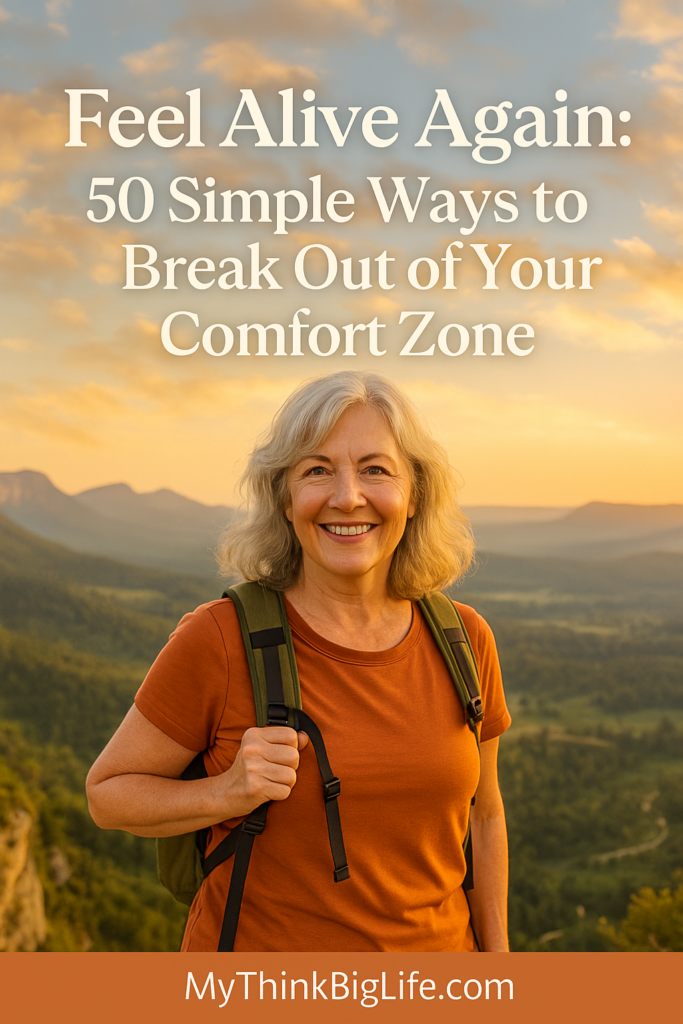 Picture of happy woman with the words: Feel Alive Again: 50 simple ways to get out of your comfort zone