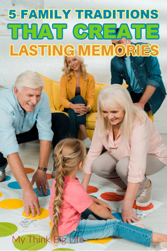 Picture of gathered family with the words: 5 family traditions that create lasting memories