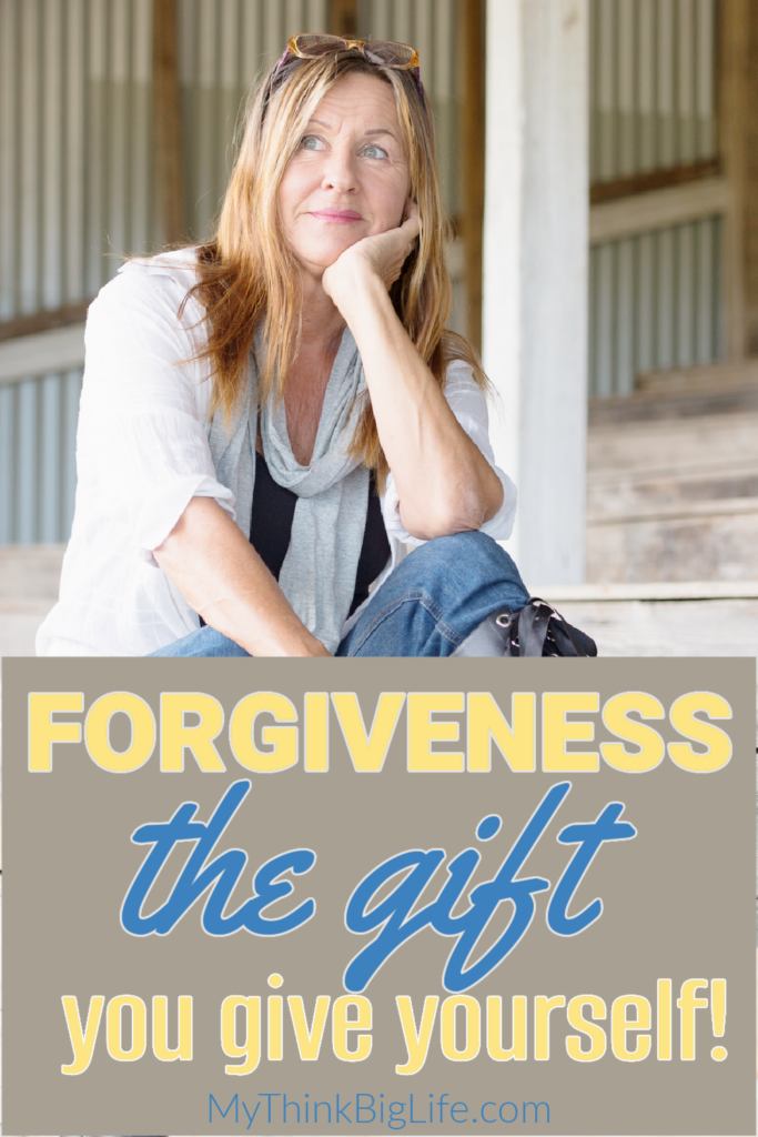Picture of woman sitting with the words: forgiveness the gift you give yourself