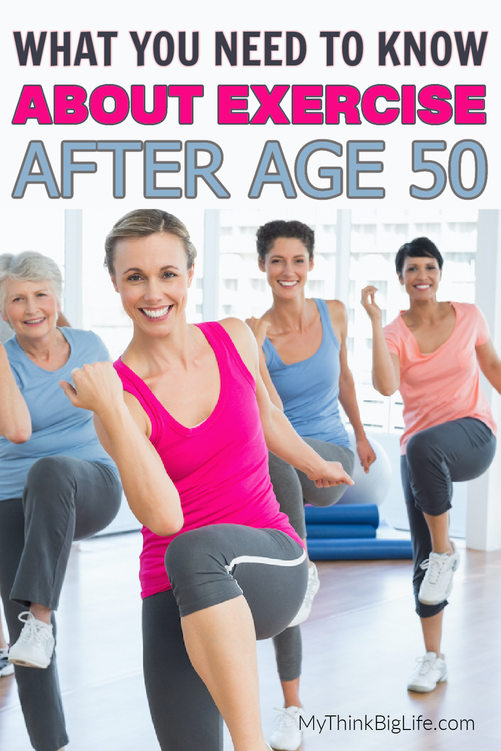 Graphic for pinterest. Picture of women exercising. Words: What you need to know about exercising after age 50