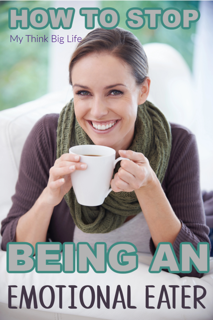 Picture of woman looking into the camera with the words: how to stop being an emotional eater