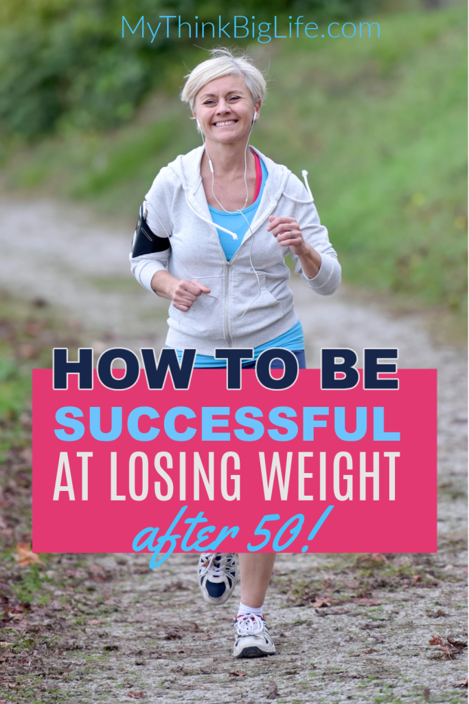 Picture of mature woman walking and smiling with the words: how to be successful at losing weight after 50
