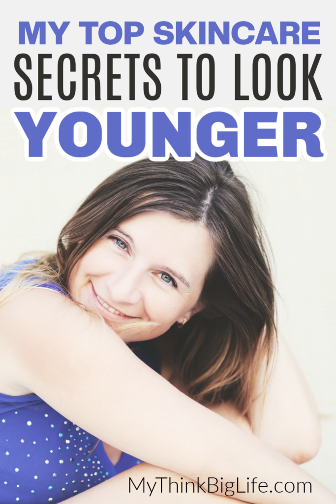 Picture of smiling woman with the words: My top skincare secrets for looking younger.