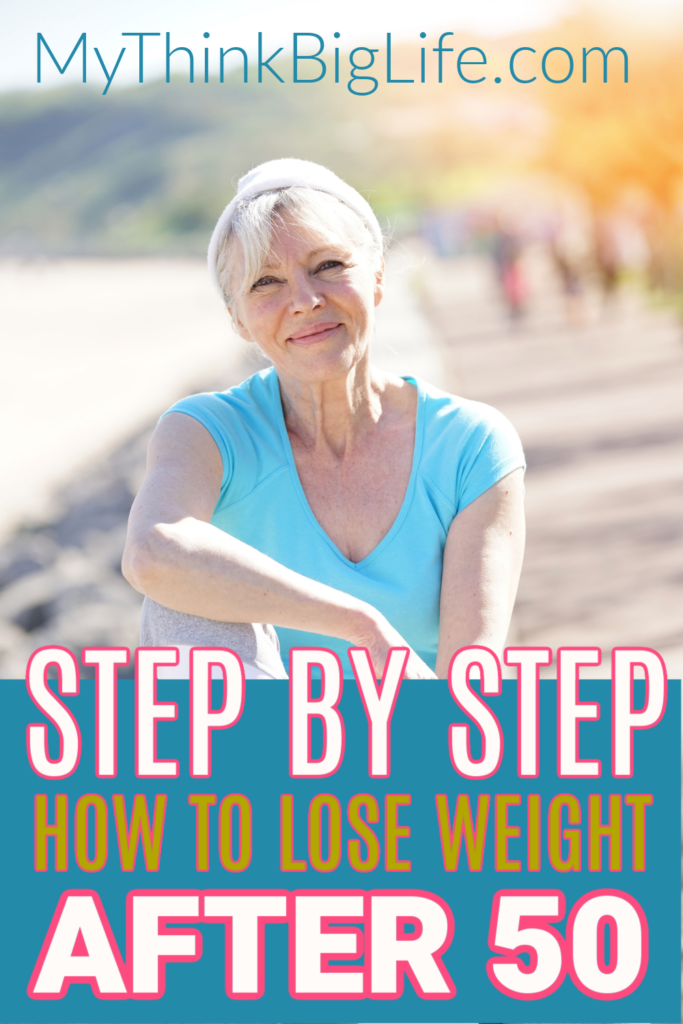 Picture of woman sitting on the ground with the words: Ten steps to lose weight after 50