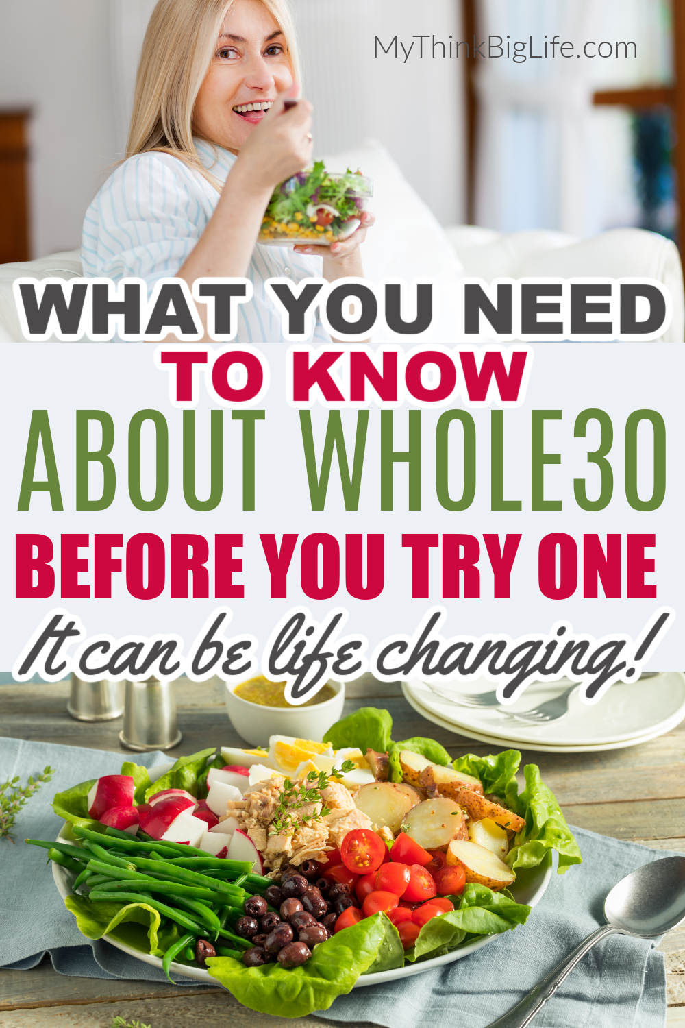 Picture of woman eating a salad and a picture of a meal with the words: What you need to know before doing a Whole 30. It can be life changing
