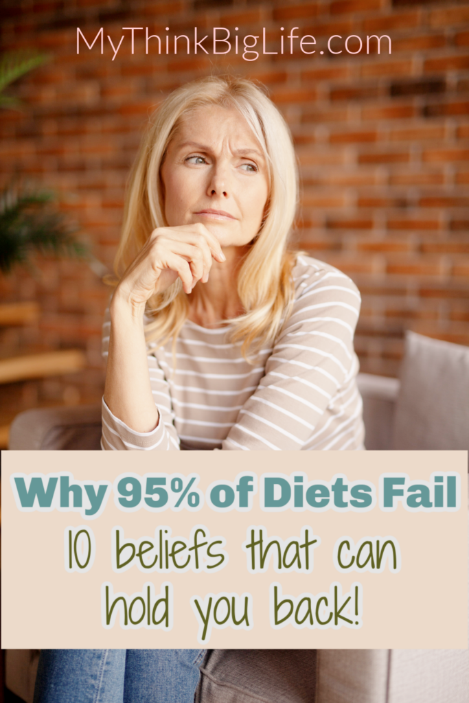 Picture of woman in thought with the words: why 95% of diets fail and 10 beliefs that hold you back