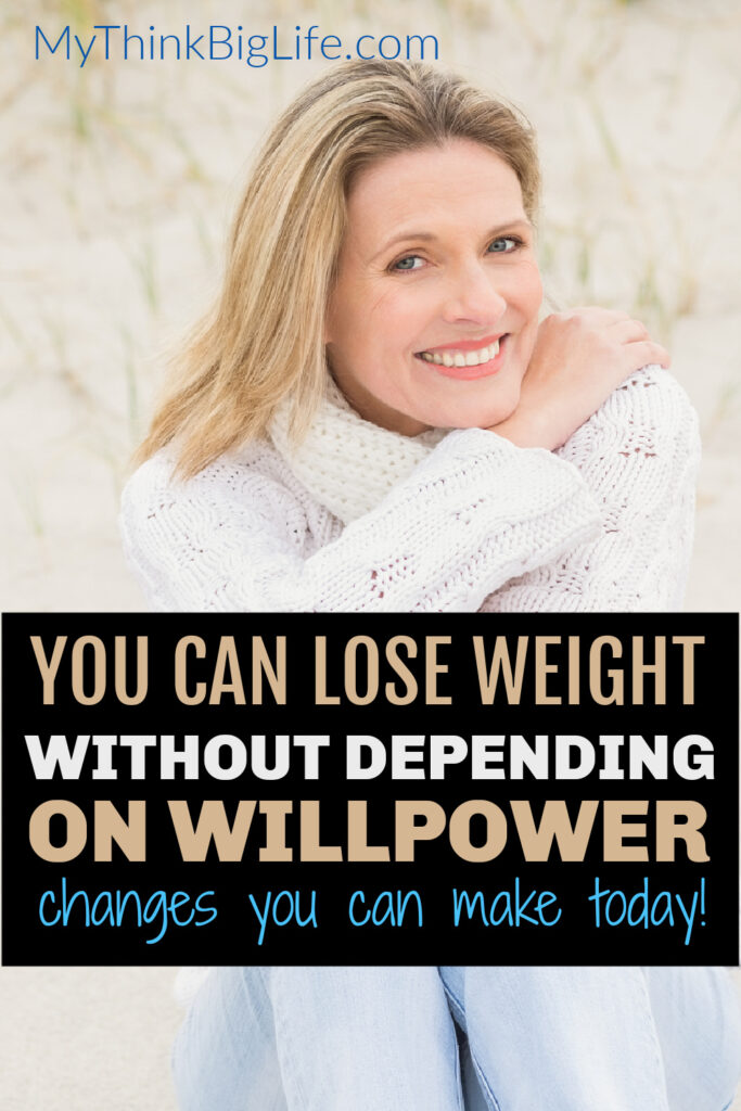 picture of smiling woman on the beach with the words: you can lose weight without depending on willpwer